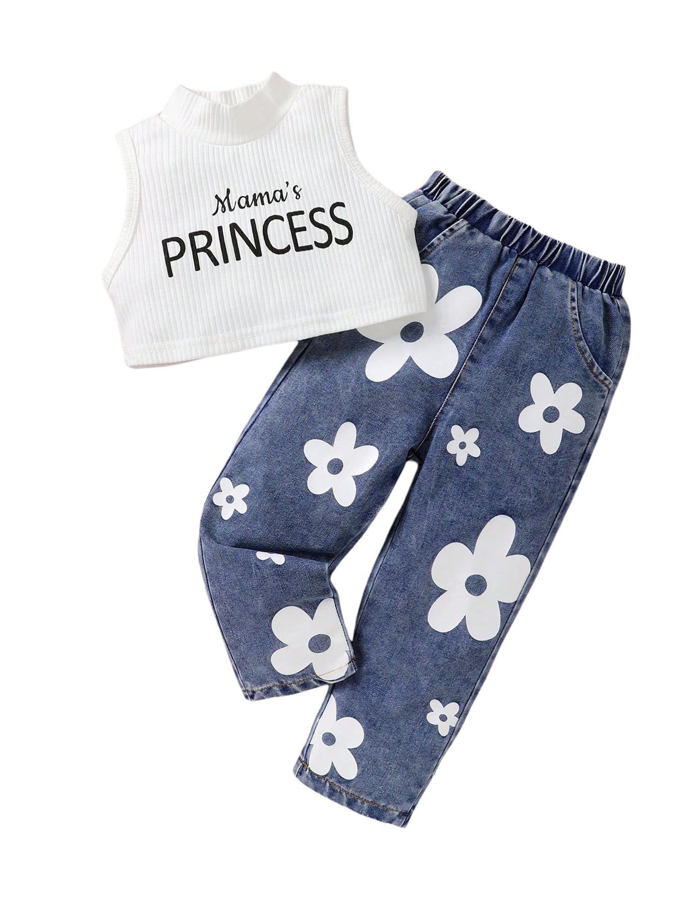Photo 1 of MakeMeChic Girl's 2 Piece Outfits Letter Print Mock Neck Sleeveless Tank Top and Floral Jeans Set Multicolor 6Y