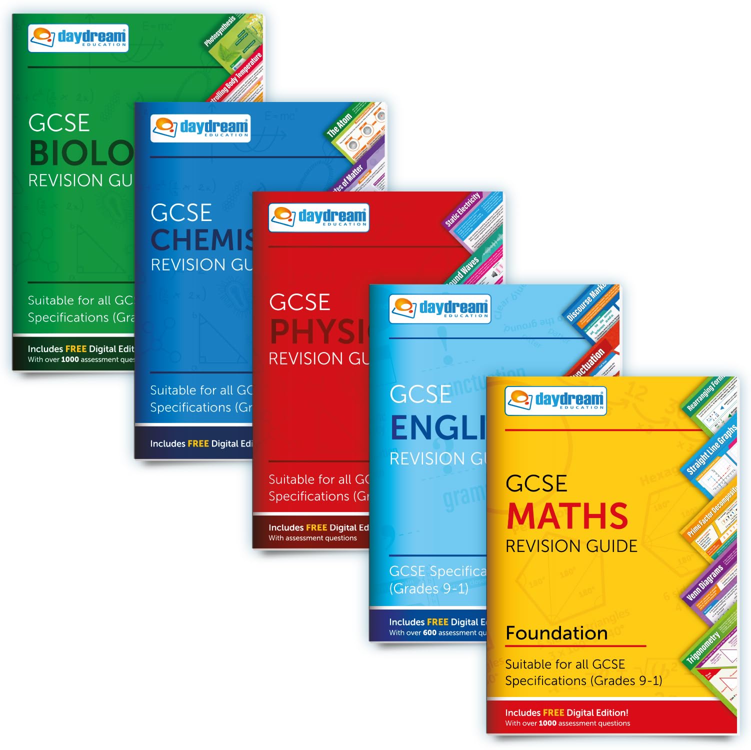 Daydream Education GCSE Maths (Foundation), English, Biology, Chemistry & Physics Study Pack, Pocket-Sized Revision Guides, Includes FREE Digital Editions! - for 2026-2027 exams (Pack of 5)