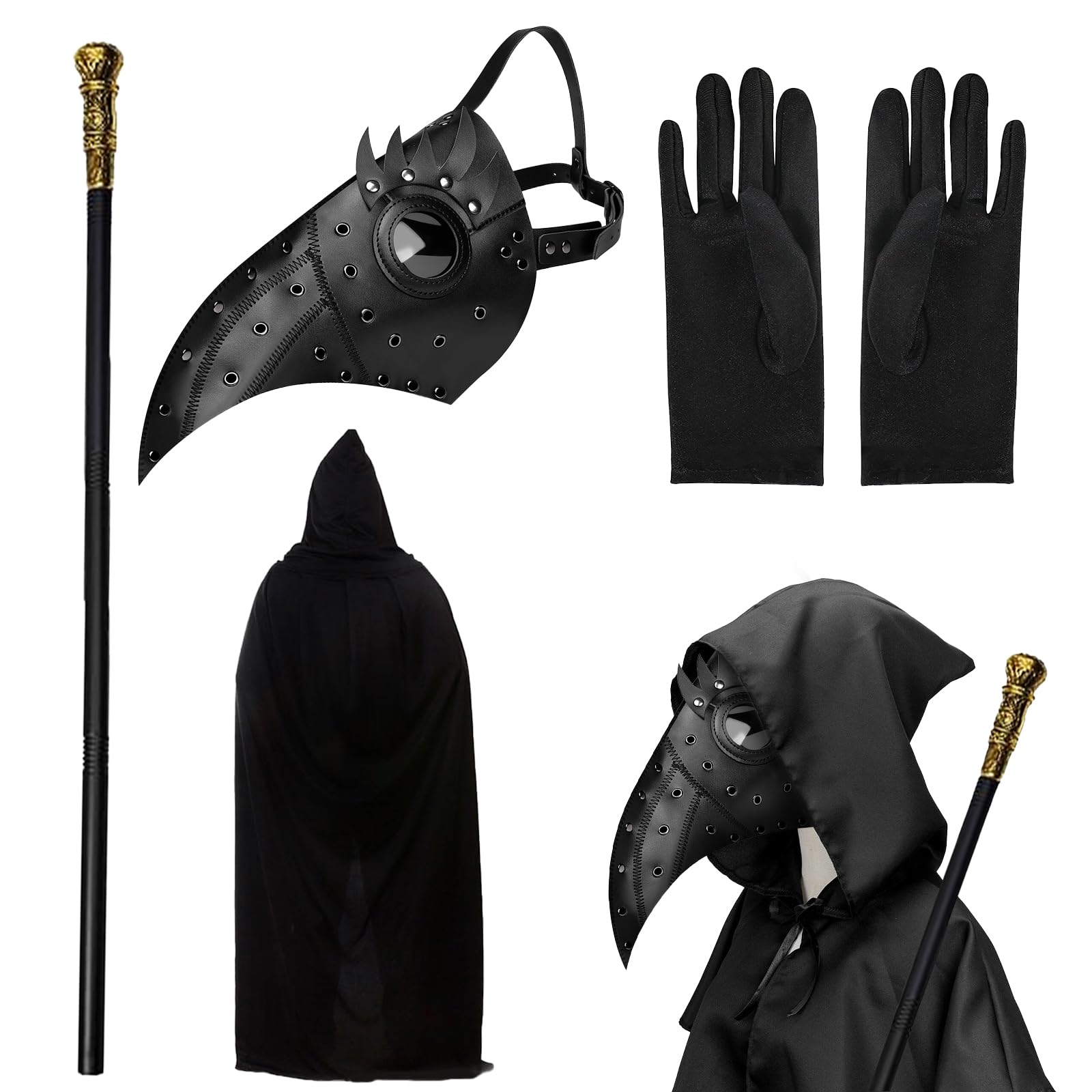 Celebration Directre 4PCS Halloween Plague Doctor Costume Plague Bird Doctor Mask Leather Long Nose Bird Beak Mask with Hooded Cloak, Black Gloves, Cane for Halloween Cosplay