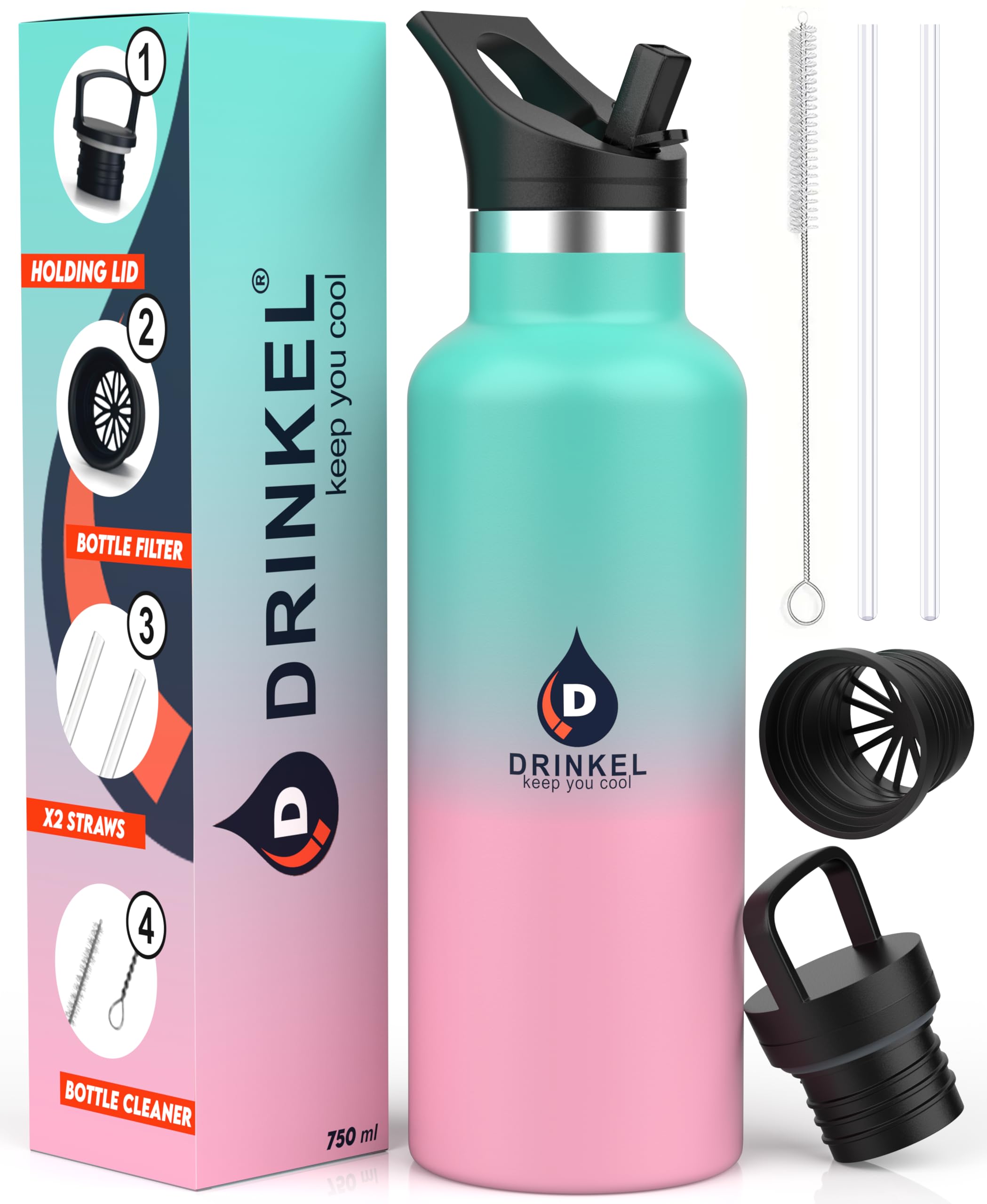 D Drinkel Stainless Steel Water Bottle with Straw,750ml vaccum Insulated Sports Water Bottles for Cold and Hot, BPA-Free, Leakproof Metal Water Bottle with Extra Holding lid Gym Camping (Green Pink)
