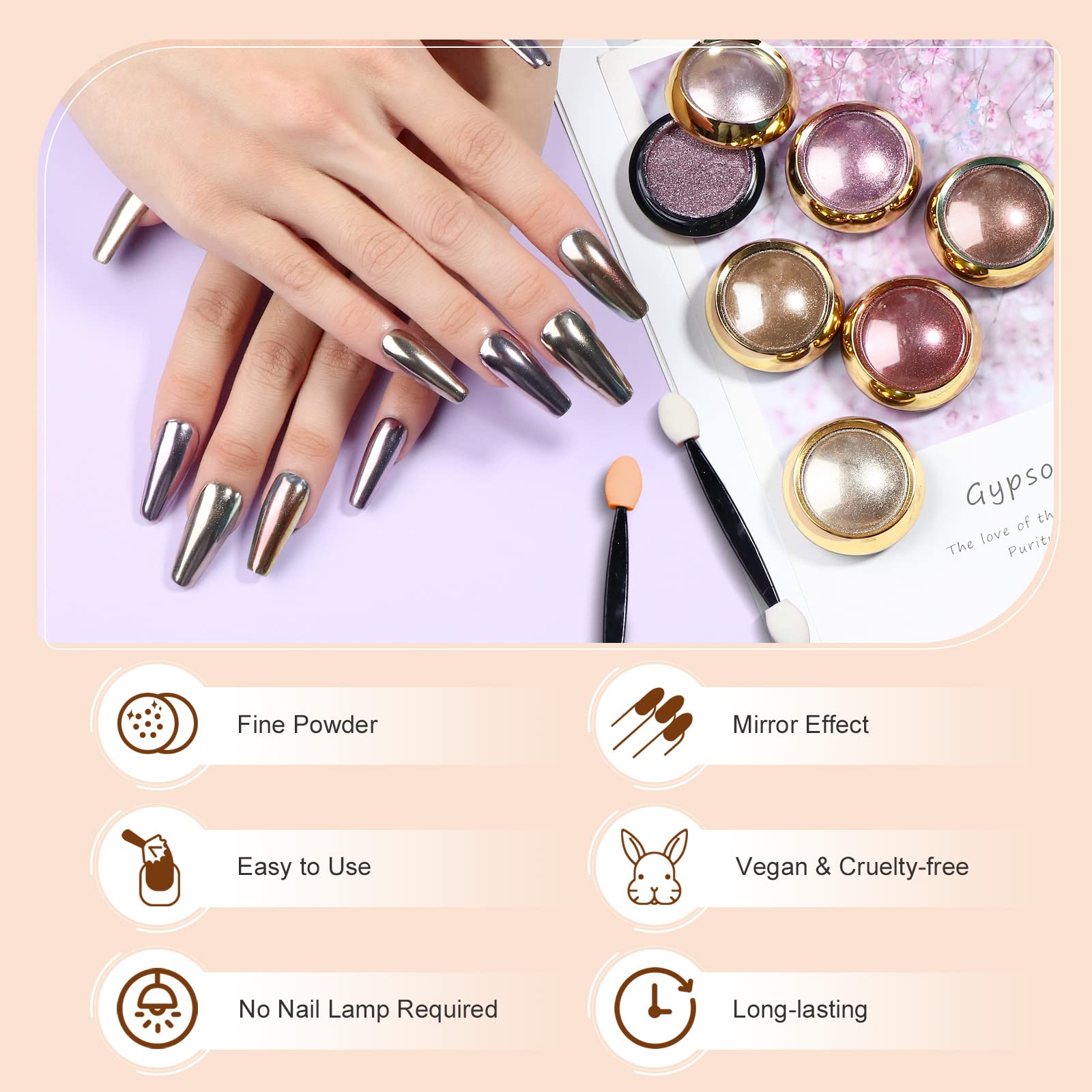 Saviland Chrome Nail Powder Set - 6 Colors Metallic Gold Chrome Nail Powder Mirror Effect Holographic Chameleon Pigment Chrome Powder for Gel Nails Manicure Nail Glitter Dust for Nail Art Decorations - Image 3