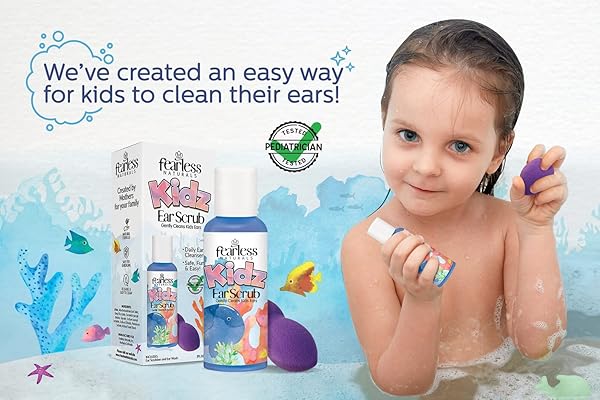WALLY’S NATURAL KIDS EAR SCRUB EARWAX REMOVAL CLEANSER WASH, CLEANS AWAY WAX, DIRT & OILS, INCLUDES REUSABLE SCRUBBER SPONGE, PEDIATRICIAN-CONSULTED, SAFE FOR KIDS 3+, INFUSED WITH ALOE VERA, 2 FL OZ