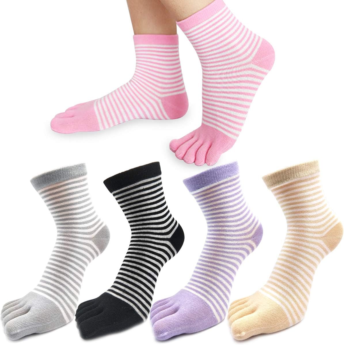 Snorain5 Pairs Womens Five Finger Toe Socks for Women Girls Cotton, Ladies Casual Low Cut Ankle Socks Soft & Breathable, 4/8/2020, Stripe