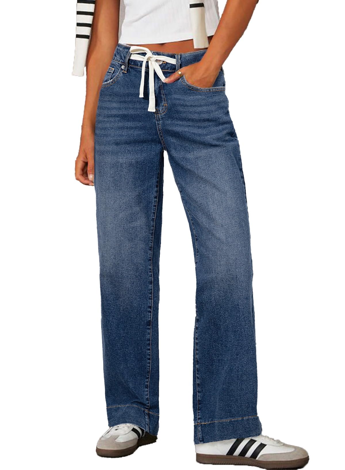 Photo 1 of Sidefeel Women's Drawstring Straight Leg Western Outfit High Waisted Wide Leg Denim Pants Dark Blue Size 10
