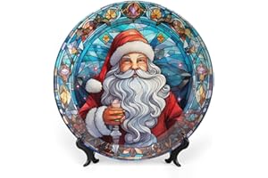 GOKAYS Christmas Decorative Plates for Home Party, Santa Claus & Colorful Wreath Decor Tray for Table Display, Stained Glass Style Ceramic Plate W/Stand, Living Room Decor, Xmas Gifts, 10 Inch