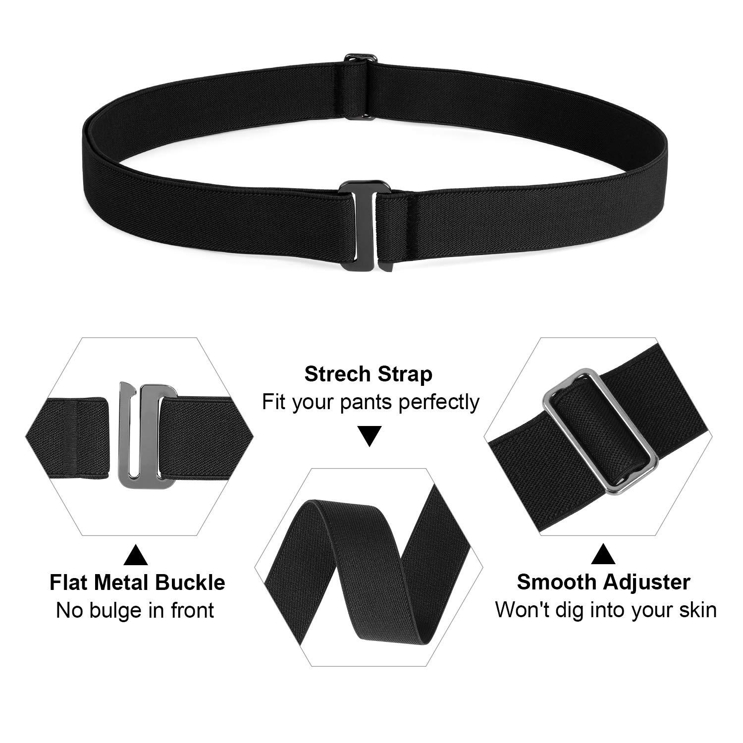 Flat Buckle No Show Elastic Belt Comfortable Invisible Skinny Belt for Women for Dress Jeans Low Profile No Show Elastic Vintage Belt Ladies Fashion Adjustable Elastic Belt,Black,Suit USA Size 0-16