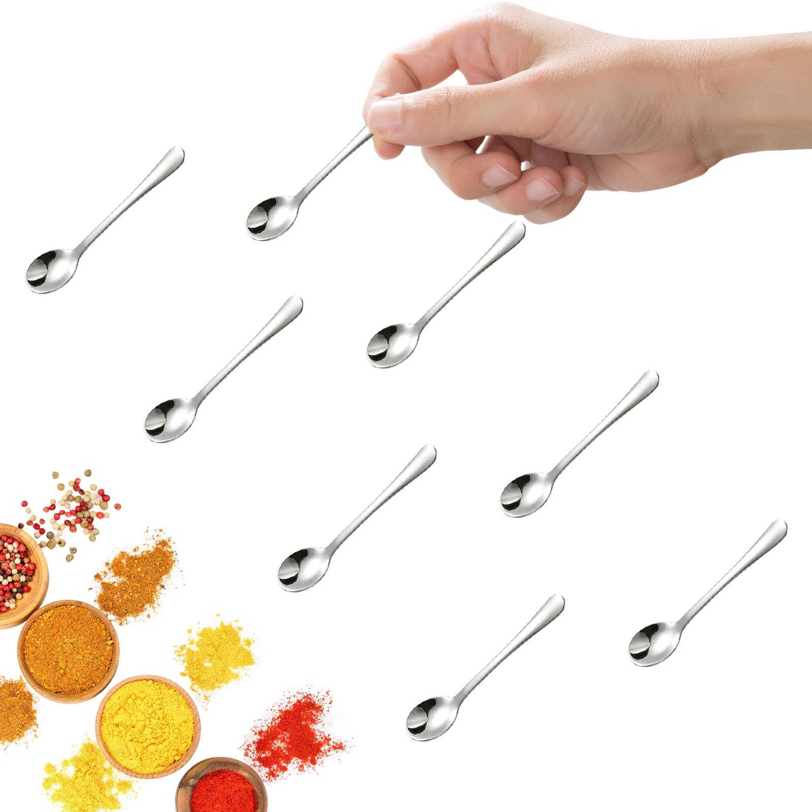 GlamRays Pack of 8 Tiny Stainless Steel Spoons for Spice Jars, Mini Size 7.5 cm, Cute Small Scoops for Salt and Spices