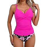 B2prity Women's Ruched Tankini Swimsuits V Neck Wrap Tie Back Two Pieces Bathing Suit Tummy Control Swimwear