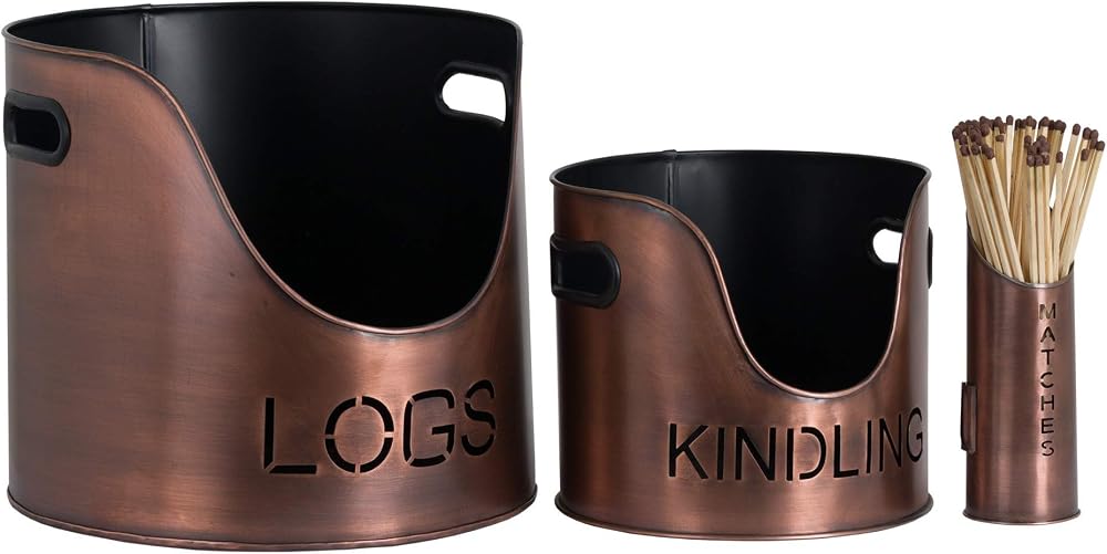 Hill Interiors Copper Finish Log Kindling Bucket Match Holder Metal 34cm