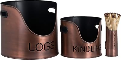 Hill Interiors Copper Finish Log Kindling Bucket Match Holder Metal 34cm