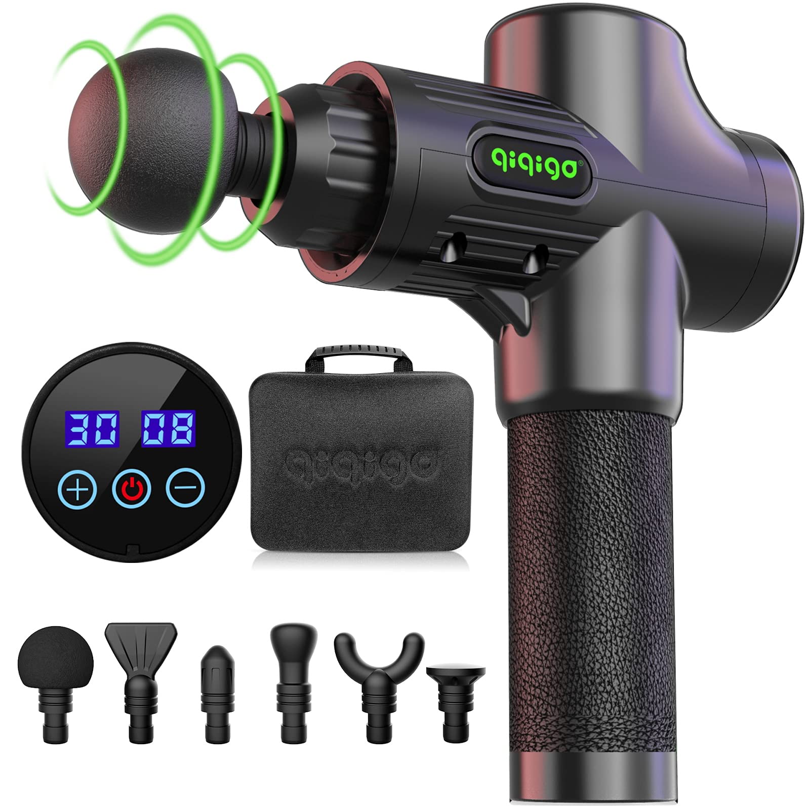 QIQIGO Massage Gun Deep Tissue,30 Speed Level Cordless Portable Handheld Electric Percussion Muscle Massager Gun with 6 Massage Heads for Muscle Pain, Soreness, and Stiffness Relief