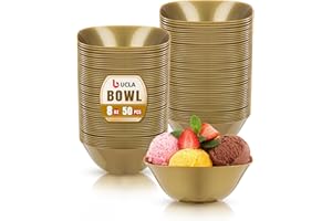 bUCLA 50Pack Gold Plastic Small Bowls - 8oz Disposable Ice Cream/Salsa/Dipping/Dessert/Sauce/Small Serving Bowls for Party