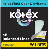 Kotex BioCare Wrapped Liners, Light Absorbency, Regular Length, 56 Count | pH Proactive System, Light Flow &amp; Discharge Protection, Helps Defend Against Odor &amp; Irritants, Xpress Dri Core