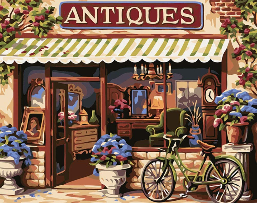 ABEUTY DIY Paint by Numbers for Adults, Garden Shop Bicycle 16x20 inches Number Painting Art Therapy (No Frame, Bicycle)