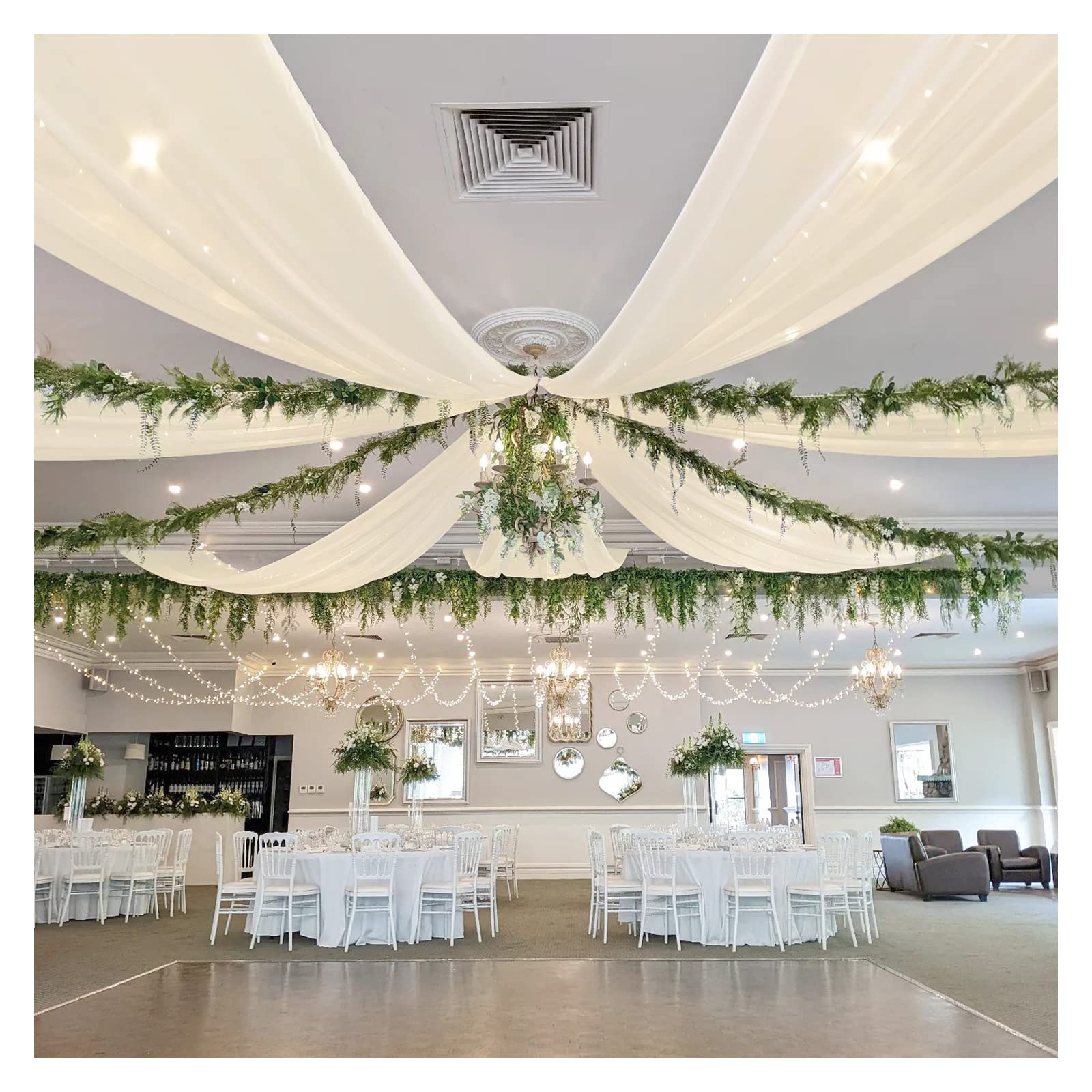 Photo 1 of Ivory Ceiling Drapes 6 Panels 5ftx20ft Wedding Draping Fabric Chiffon Reception Halls Drapes Conservatory Curtain with Rod Pocket