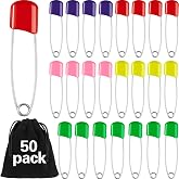 WILLBOND 50 Pcs Large Safety Pins for Clothes,with Bag, Colorful | Plastic Head with Locking Closures, Heavy Duty Nappy Pins Hooks, 2.2 Inch Fasteners, Stainless Steel, Velvet Bag