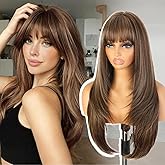 ENTRANCED STYLES Long Mixed Brown Wig with Bangs 26Inch Straight Layered Wig for Women Synthetic Heat Resistant for Daily Party Use