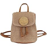 Felice Ann Women Mini Straw Woven Backpack Flap Drawstring Daypack Cross-body Bag Bucket Bag