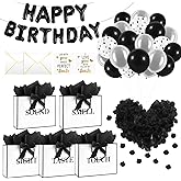 Epoesch 5 Senses Gift Bags for Him with Labels, Tissue Paper & Bow Ribbon | Happy Birthday Decorations Kit with Banner,Balloons, Rose Petals, Envelope, Card for Men, Women and Her (White with black trim)