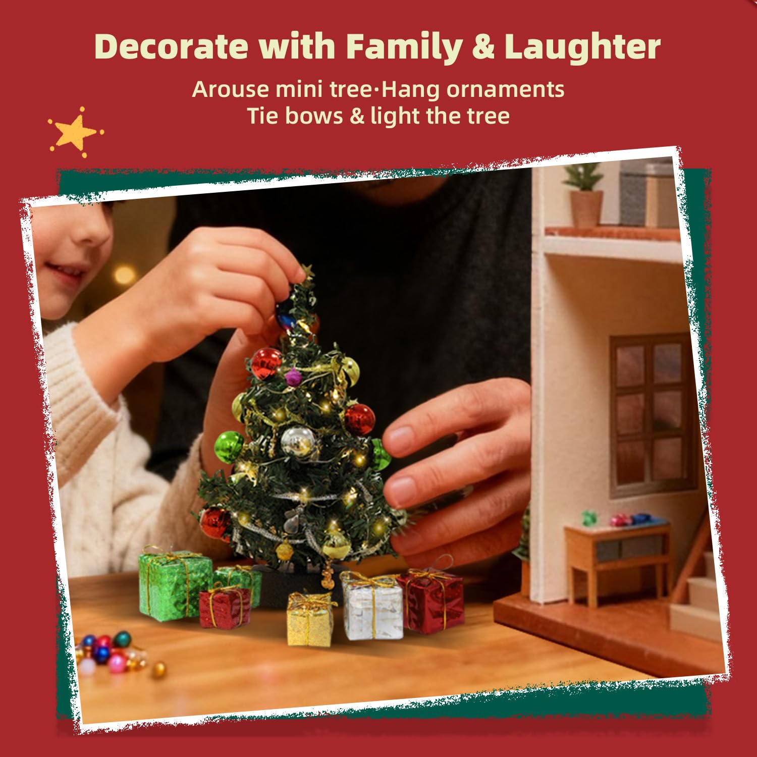 iLAND Dollhouse Accessories Mini Christmas Tree with Lights 6 inch Dollhouse Christmas Decorations CuteTiny Xmas Tree Miniature Decor 1/12 Scale Accessories Shining Small Gifts