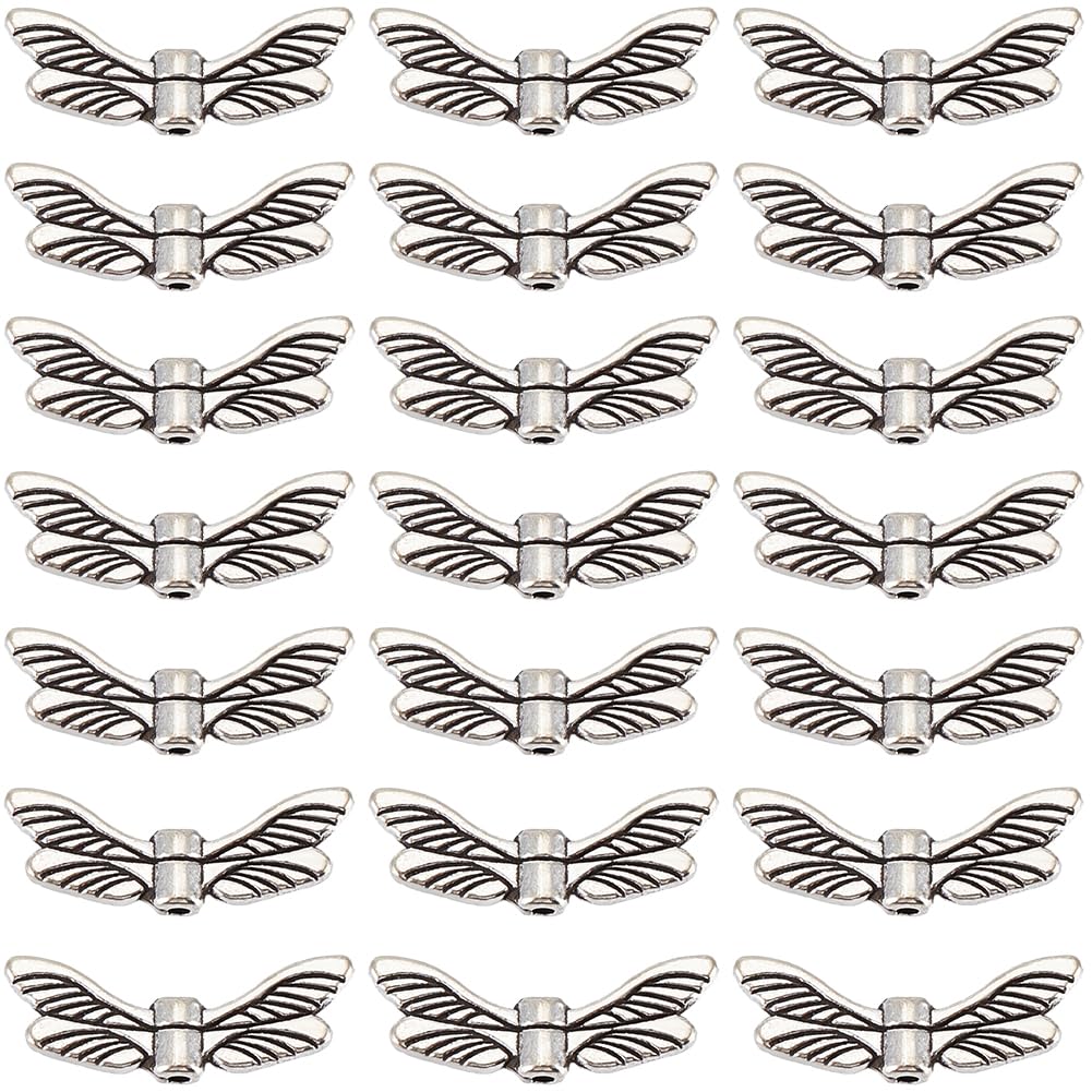 SUNNYCLUE 1 Box 120Pcs Dragonfly Wing Beads Bulk Silver Wing Bead Charm Alloy Metal Tibetan Vintage Fairy Wings Spacer Beads for jewellery Making Beads DIY Christmas Necklace Earrings Beginners Women
