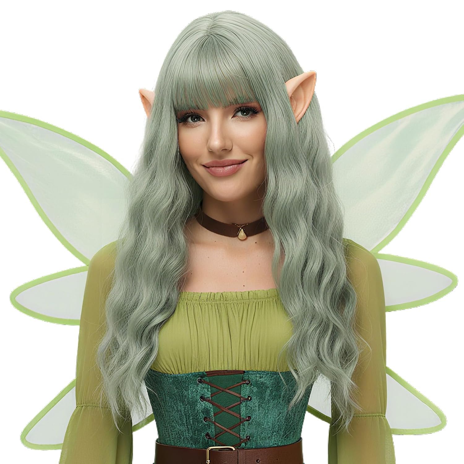 Yamel Long Wigs for Women with Fringe 24 inch Adjustable Curly Wavy Synthetic Hair Wig Cosplay Daily Use Haze Green Wigs