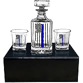 Rogue River Tactical Blue Line Tattered Flag Police Officer Whiskey Decanter Gift Set With 2 Glasses Custom Gift For Men Dad Father's Day PD Police Officer