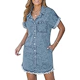 BestGirl Denim Shirt Dress for Women Short Sleeve Button Down Casual Summer Jean Dresses