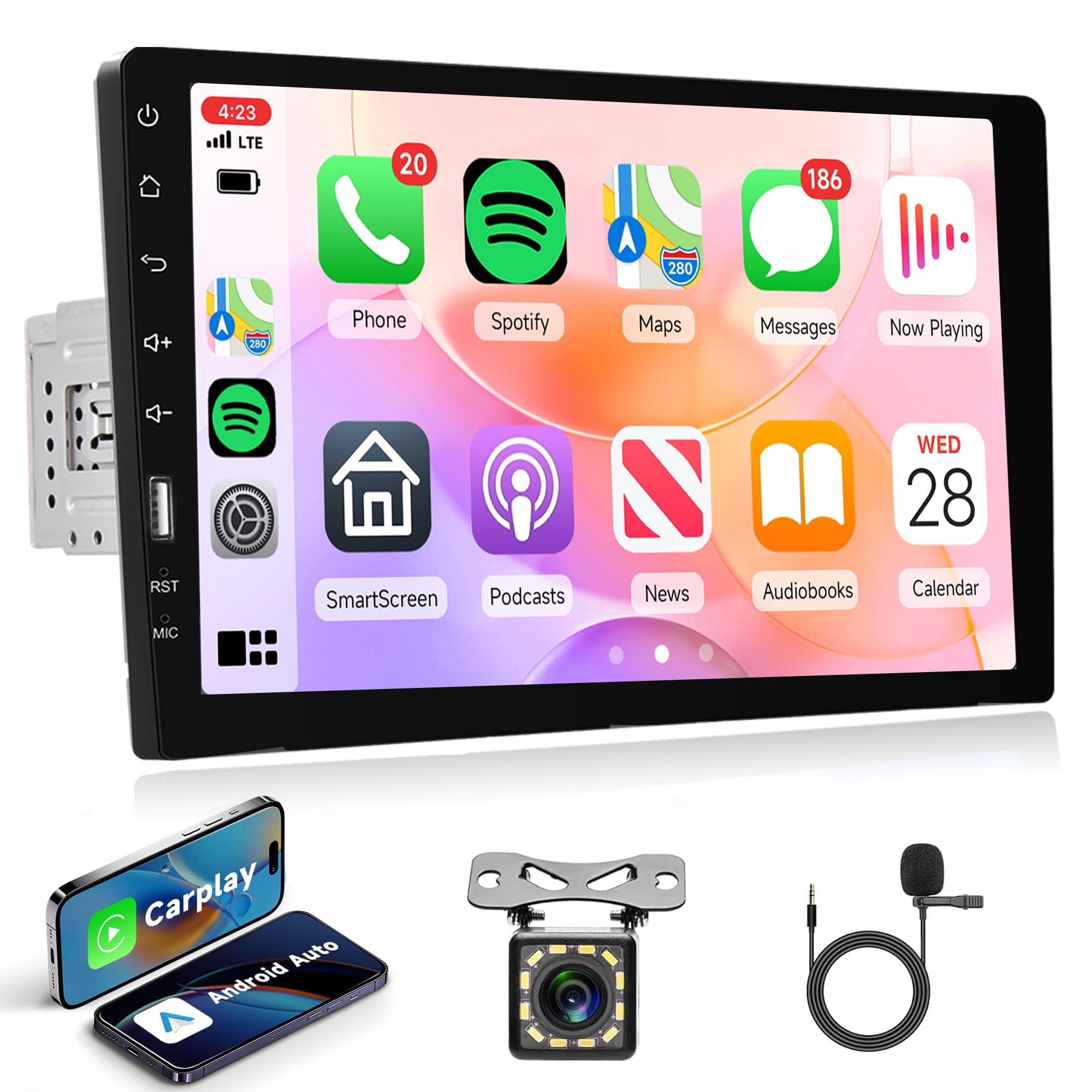 Car Radio Single Din Carplay Touchscreen Car Stereo, Rimoody 9 Inch Touch Screen with Bluetooth FM Radio iOS/Android Mirror Link TF/USB/AUX Input Car Multimedia Player + Backup Camera