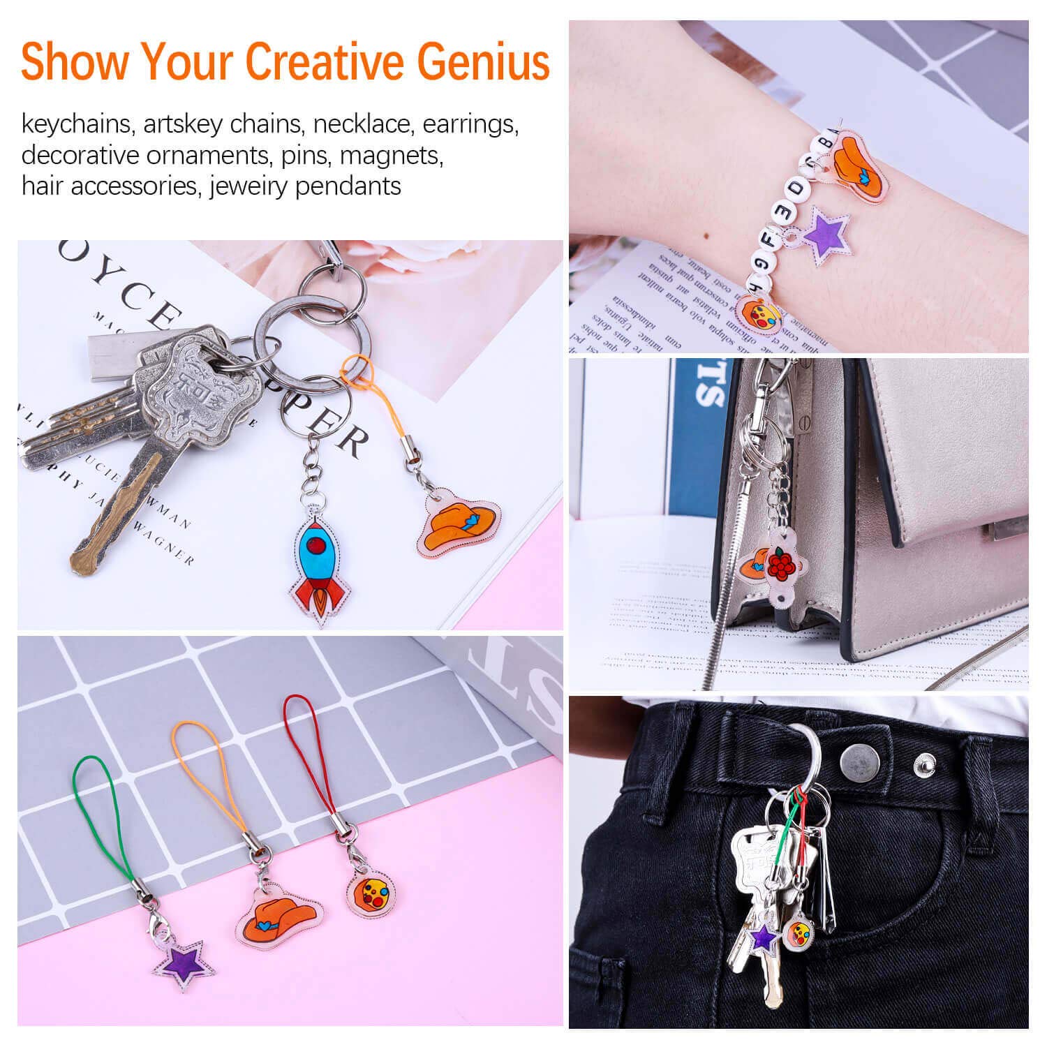 shynek Shrinky Film Sheets for Shrink Art, 125Pcs Shrinky Plastic Keychain Kit Including 20 Pcs Shrinky Paper, Hole Punch, Pencils, Keychains, Tweezers, Scissors for Crafts and Keychains