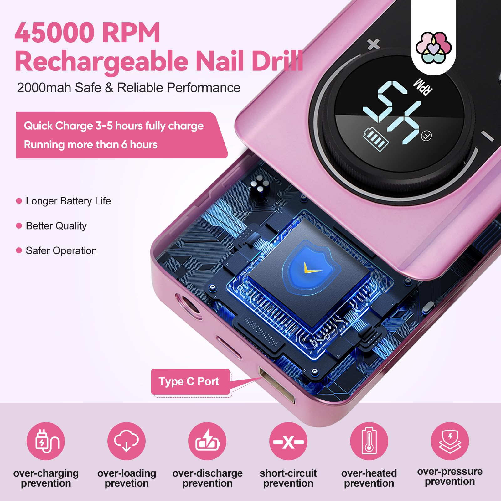 SAVILAND Electric Nail Drill Professional : 2024 Pro Portable Nail Drill for Hard Acrylic Nails Removing, Rechargeable 45000RPM Nail drill Machine for Manicure Pedicure Salon Nail Tech Must Have - Image 6