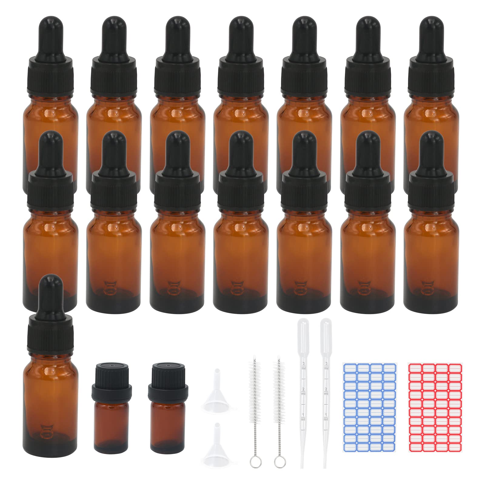 Reyshin 10ml Glass Dropper Bottles, 15 Pack Amber Glass Bottle with Dropper Pipettes Refillable Sample Dropper Bottle for Essential Oil Massage Aromatherapy Eye Drops (10ml amber)
