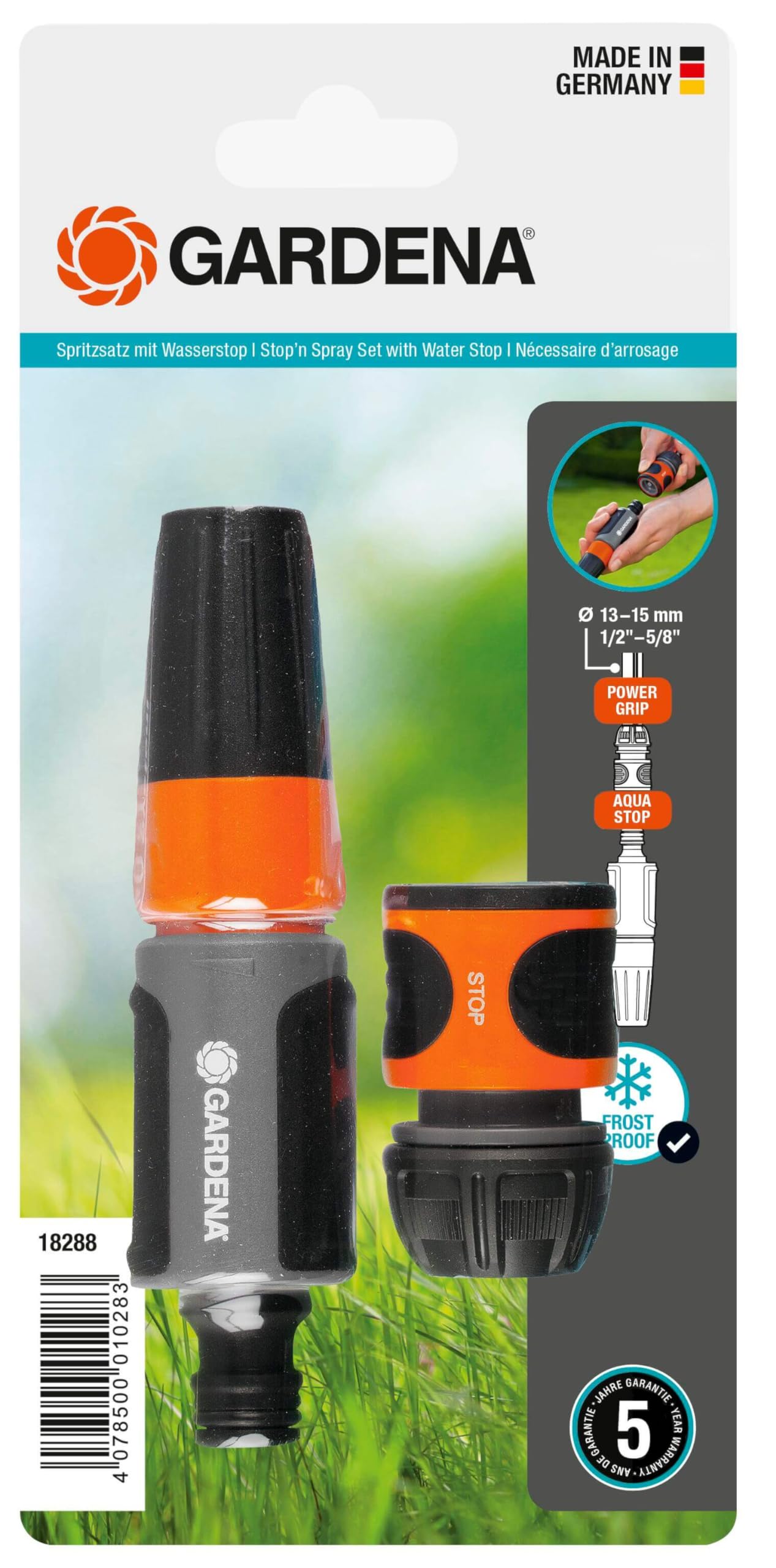 Gardena Stop 'n' Spray Set for 13 mm (1/2 inch) and 15 mm (5/8 inch) hoses: Cleaning spray nozzle set with a water stop for a quick connection change (18288-20)