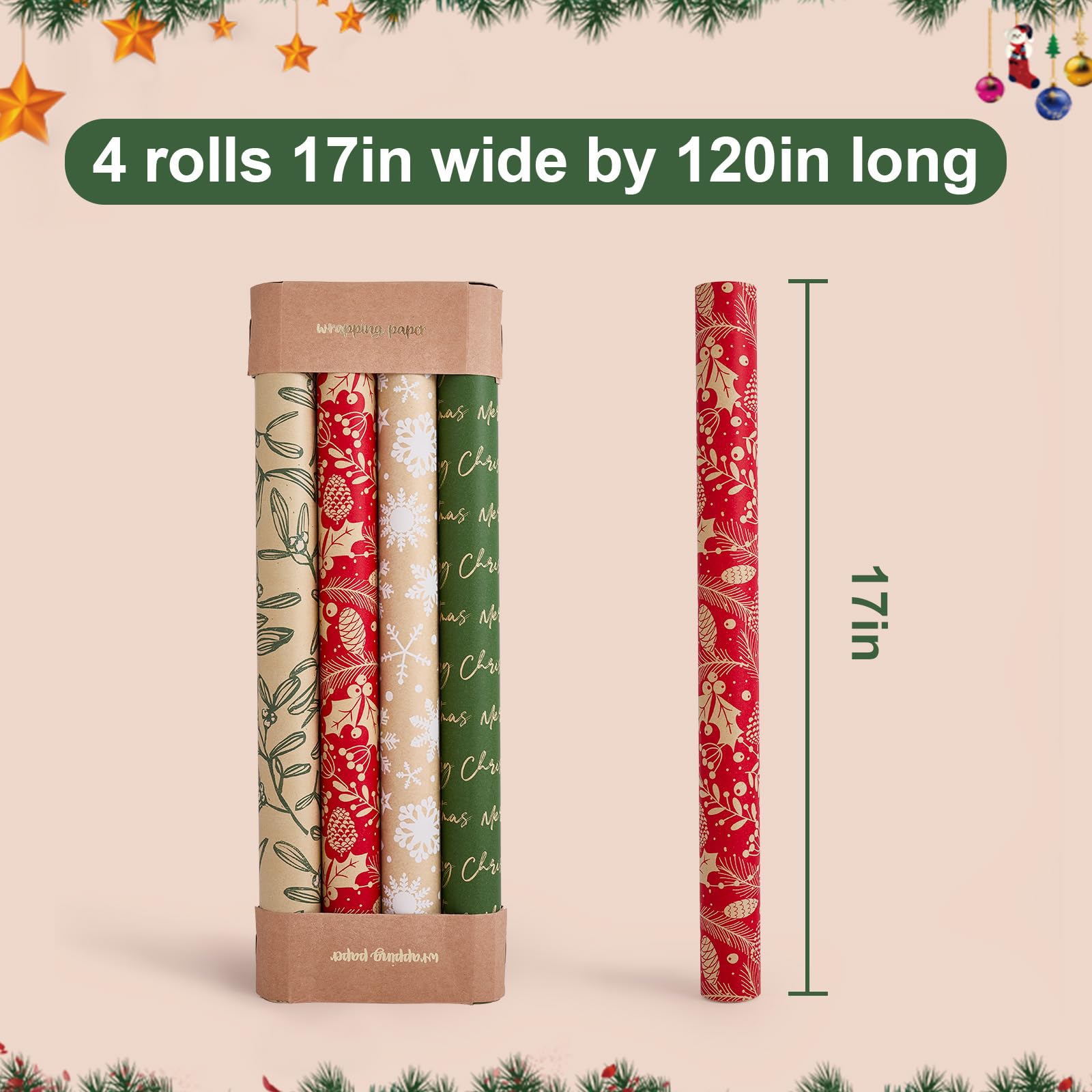 YANGTE Vintage Recyclable Christmas Wrapping Paper Rolls, Brown Kraft Wrapping Paper with Red and Green Pattern, Holiday Gift Wrapping Paper Christmas Rolls, 17x120 inch, 4 Rolls