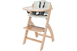 Abiie Beyond Junior Wooden High Chair with Tray - Adjustable and Convertible High Chair for Babies and Toddlers - 6 Months to 250 Lb - Water Resistant - Natural Wood with Dove Grey Cushion
