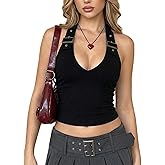 WDIRARA Women's Deep V Neck Halter Tops Gothic Punk Backless Tank Going Out Crop Tops