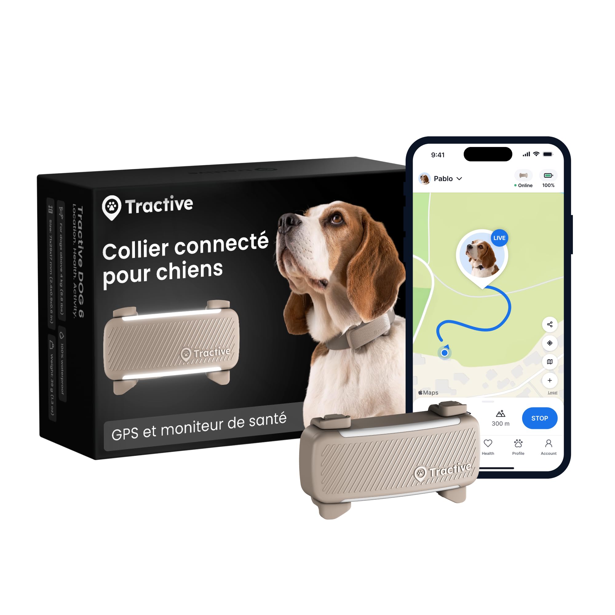 Tractive – Collier GPS pour chien | 2025 Édition | Leader du marché | Localisation en direct | Alertes anti-fugue | Moniteur d'activité et d'aboiements | Alertes de santé (Marron)