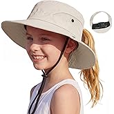 Zando Ponytail Hole Kids Sun Hat Adjustable Girls Beach Bucket Hat UPF 50+ Wide Brim Foldable Summer Cap Swim Fishing Safari