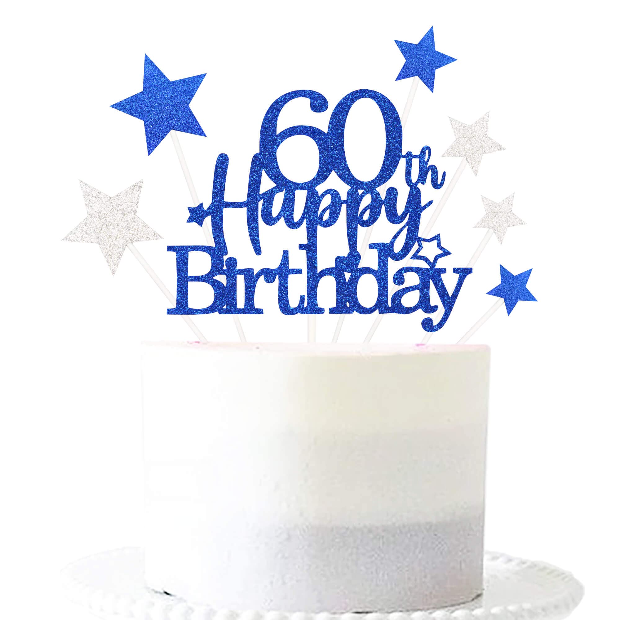 Pargleev Glittery Royal Blue 60th Birthday Cake Topper with Star, Sixty Years Old Milestone Celebration Gift for Men & Women, Gold Accent Party Decorations