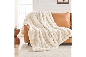 IKALIFE Cozy Faux Fur Throw Blanket for Couch-Warm Fuzzy Throw Blanket, Soft Plush Thick Bubble Blankets for Bedroom and Living Room, Furry Luxury Blanket, 50 x 60, Cream