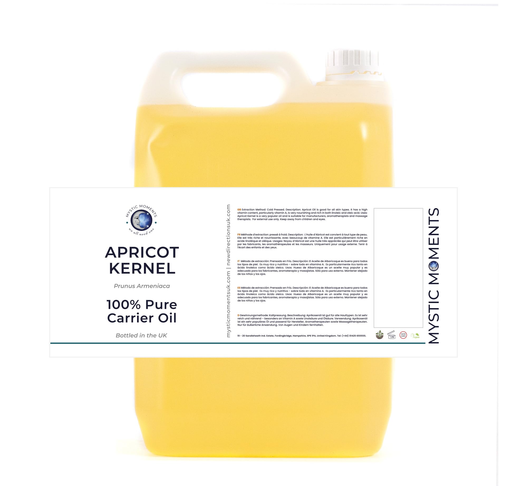 Mystic Moments| Apricot Kernel Carrier Oil 5 Litres | Prunus Armeniaca | Lightweight Nourishing Treatment for Skin, Hair & Massage | Natural Aromatherapy Carrier