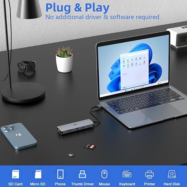 USB C HUB, TOTU USB C ADAPTER WITH 4K HDMI OUTPUT, USB HUB FOR, SD/TF CARD SLOT, 100W PD PORT, 2 USB 3.0, USB C DOCKING FOR DELL LAPTOP AND OTHER TYPE C DEVICES