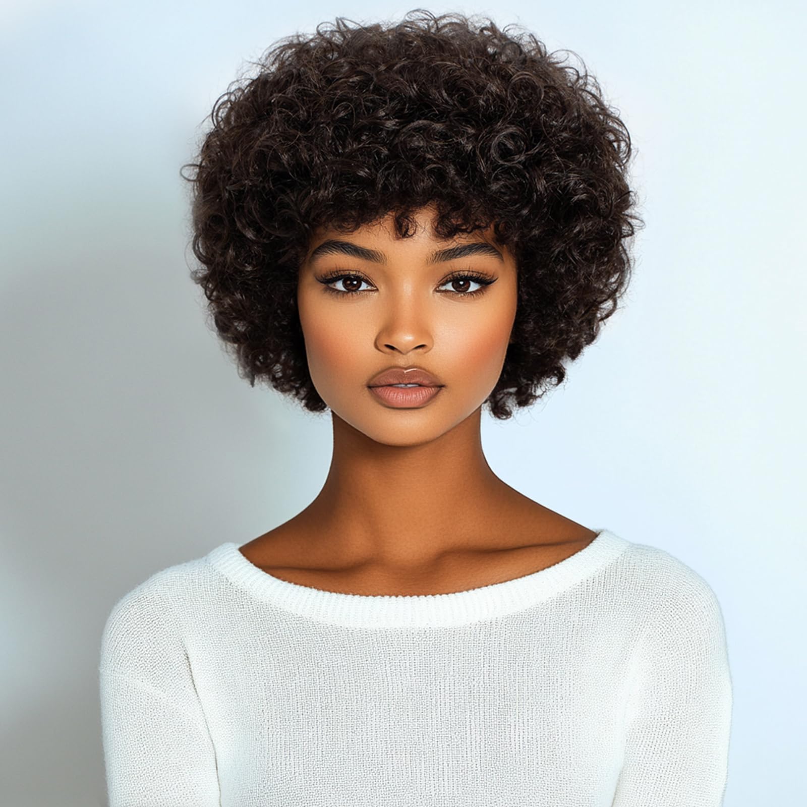 DÉBUT Short Curly Wig 100% Human Hair Wigs For Women Dark Brown Afro Curly Wig with Bangs Pixie Cut Wig Brazilian Remy Hair (8 inches, 2) — image 1