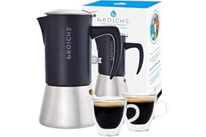 GROSCHE Milano Steel 6 espresso Cup Stainless Steel Black Stovetop Espresso maker moka pot and Turin Set of 2 double walled glass Double Shot espresso cups