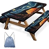 Britown Picnic Table Cover with Bench Covers Elastic Edges, Art Camper Fitted Table Cover, Outdoor Patio Camping Essentials 72 Inch 3PCS, Waterproof Camping Fitted Tablecloth with Drawstring Bag