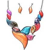 Fenni Jewelry Retro Women's Crystal Floral Petal Leaf Chunky Statement Necklace and Earrings Set Party Jewelry