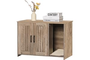 DWANTON Litter Box Enclosure, Cat Litter Box Furniture Hidden, with Scratching Mat, Wooden Cat Washroom Indoor, 31.5" L x 19.7" W x 21.7" H, Greige