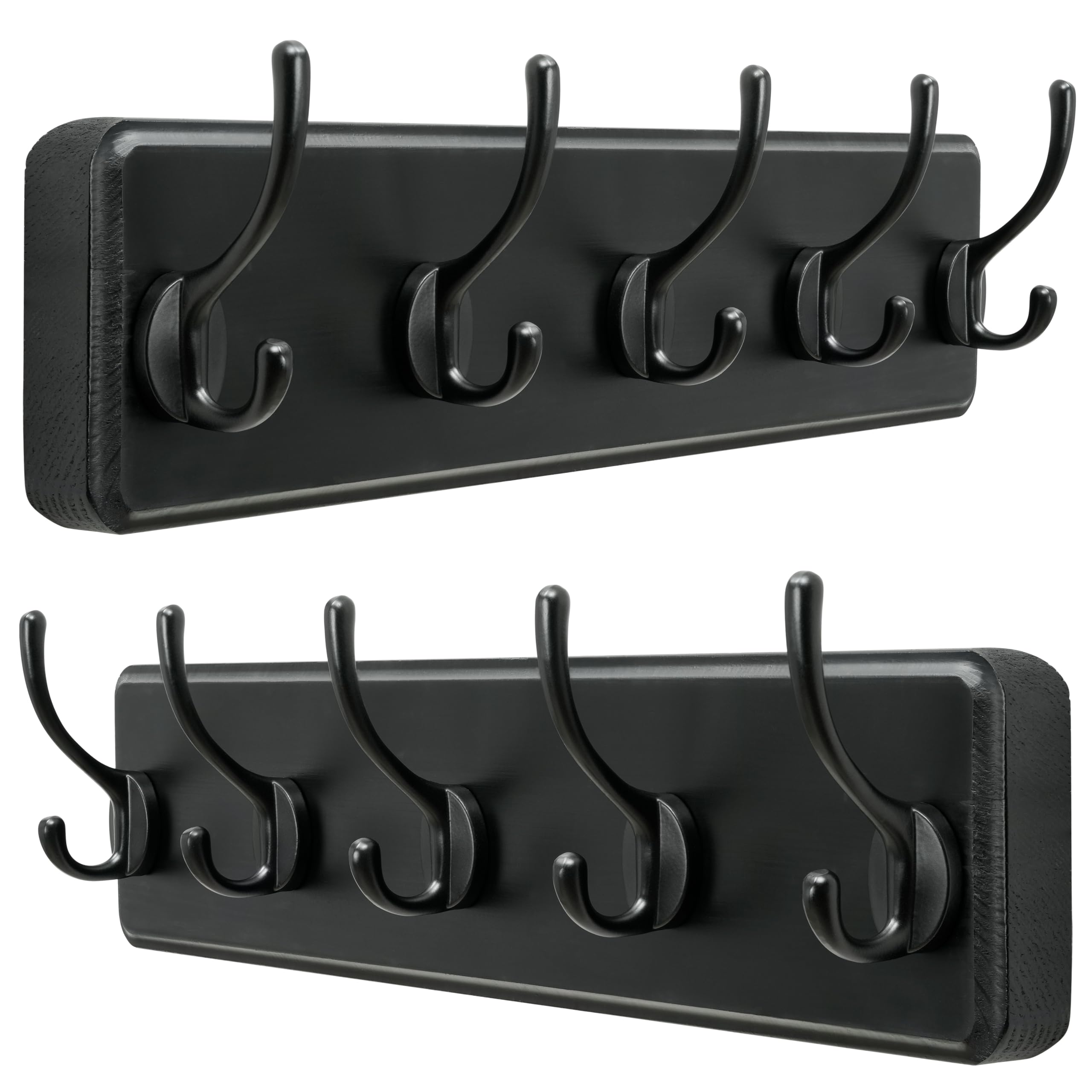 Dseap Coat Rack Wall: Patented, Heavy-Duty, 5-Double-Hooks Wooden Wall Mounted Coat Rack Coat Hanger Hook Rail for Winter Coats Hat Jacket Clothing, Black, Pack of 2