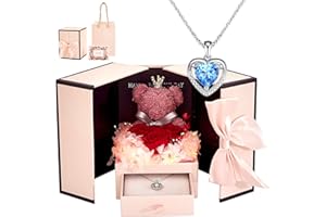 MAUSMORIN Preserved Rose Moss Bear with 925 Silver Heart Necklace - LED Light Gifts for Mom, Wife, Girlfriend on Valentine's Day, Mother's Day, Christmas, Birthdays