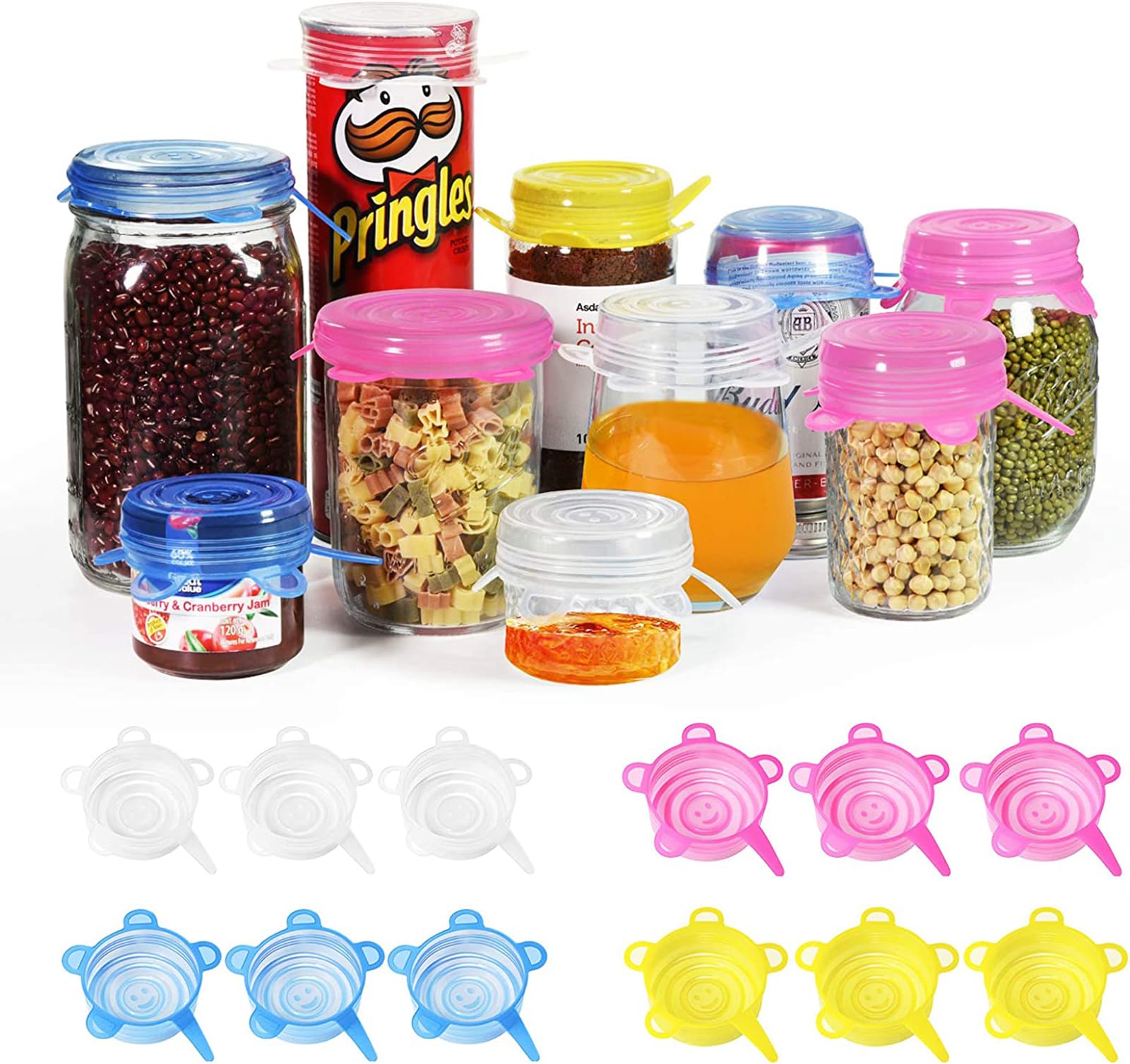 longzon Silicone Lids Food Covers – [12 Pack] One Size Small Stretch Lids for 2.6”–4” Containers, BPA-Free, Reusable, Fits Cups, Jars, Bottles – Microwave, Freezer, Dishwasher Safe – 4 Colours